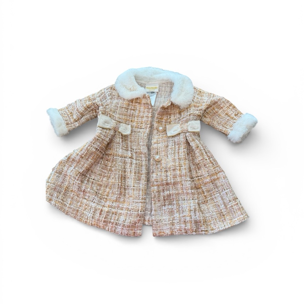 Blueberi Gold Baby Tweed Coat Dress Faux Fur Trim Pink Gold‎ 6 to 9M Easter chic
